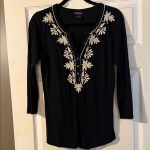 Lucky Brand Black Top with White Embroidery